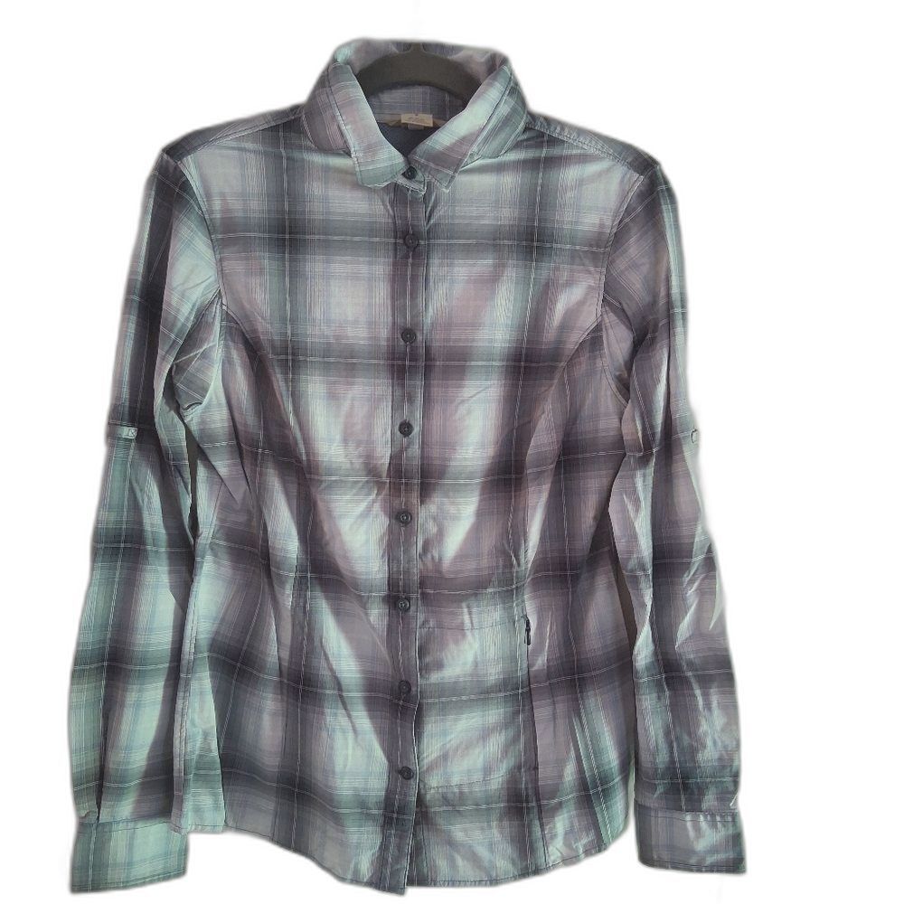 Duluth Trading Co Women's Flex Sidewinder Plaid Button Down Shirt Gray and Blue